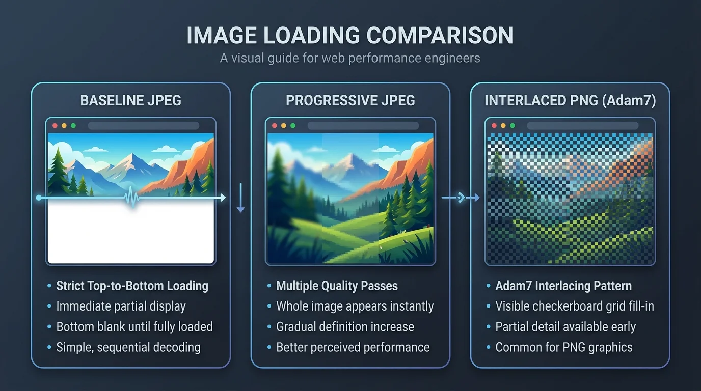 Visual comparison showing Baseline JPEG top-down loading, Progressive JPEG multi-pass refinement, and Interlaced PNG Adam7 checkerboard grid